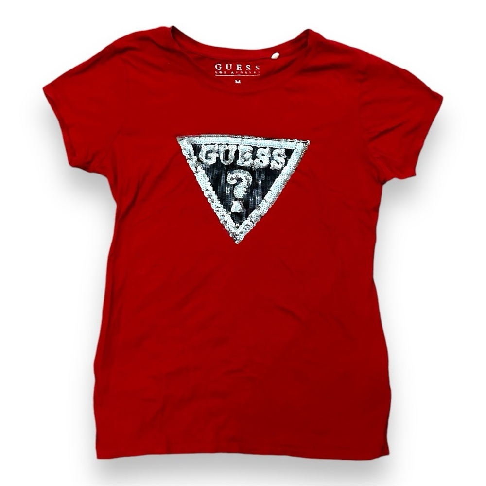 Guess Sequin Logo Triangle Red Baby Tee Women’s Size Medium T-Shirt Y2K